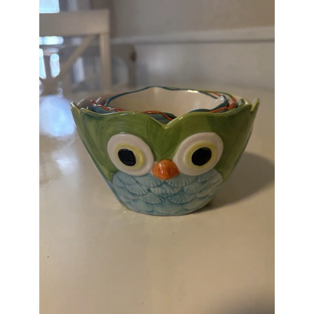 Pier 1 Imports Hand Painted Owl Measuring Cups Set 4 Stoneware Colorful Vintage